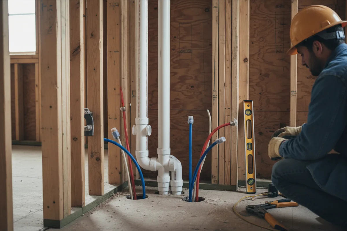 Drain and supply rough-in during Leak Detection in Big Cabin