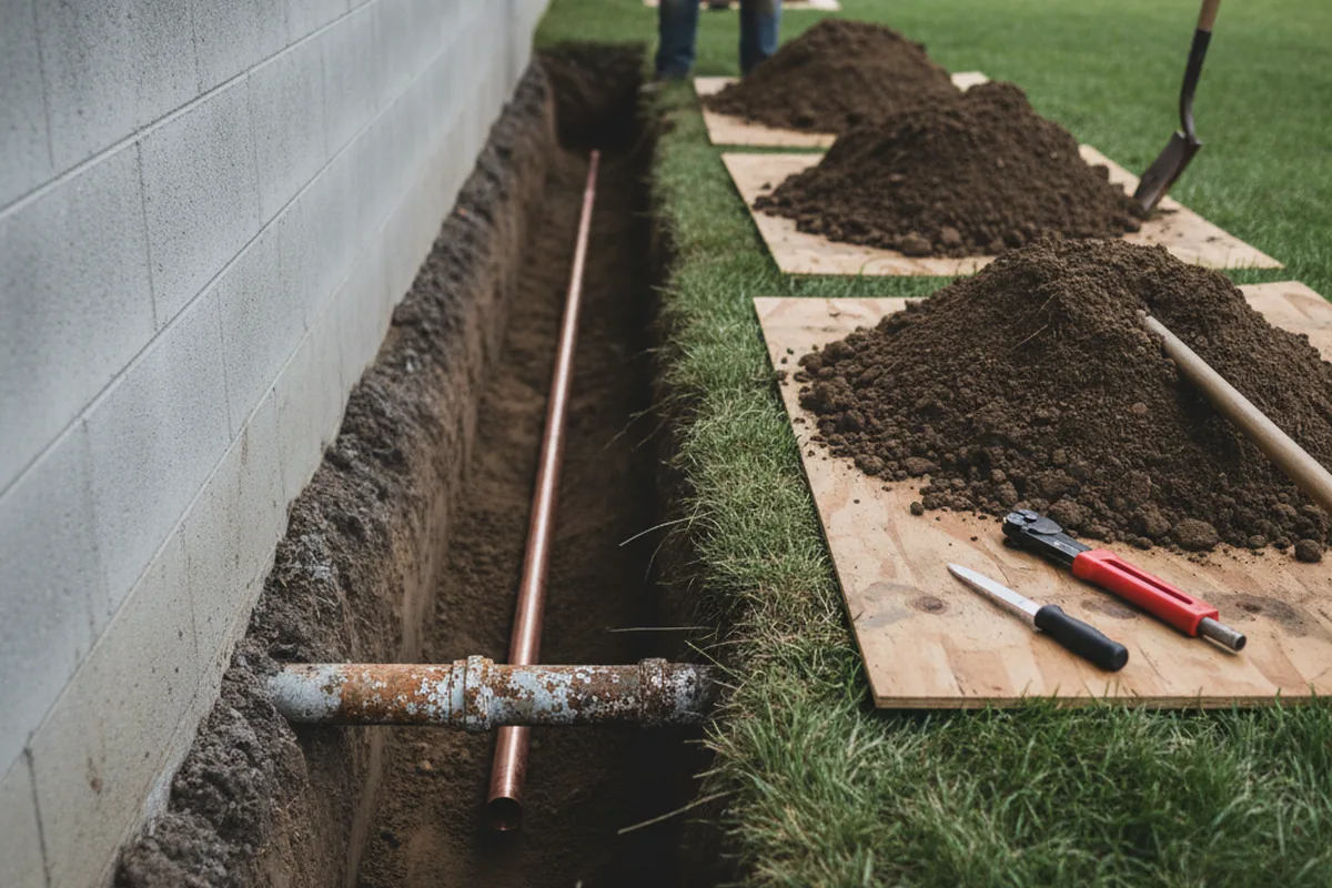 Excavated water line trench during Water Softener Installation in Big Cabin